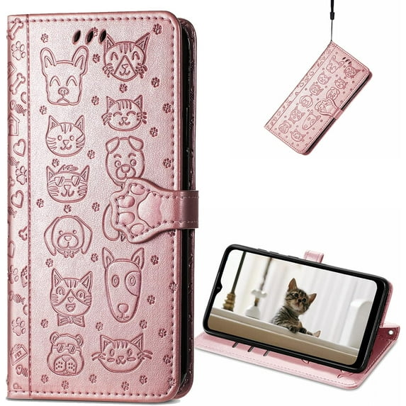 for Blackview A55 Wallet Case, Cat Dog Cartoon Cute Style with ID Card Holder PU Leather Flip Phone Cover Case for Blackview A55 MG Rose Gold