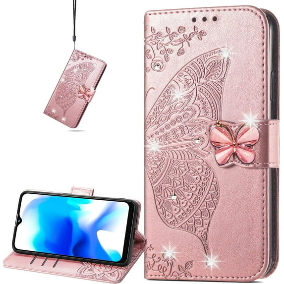 for Blackview A80S Wallet Case for Women,3D Butterfly PU Leather Shell with Credit Card Slots Case Cover for Blackview A80/A80S Rhinestone Rose Gold