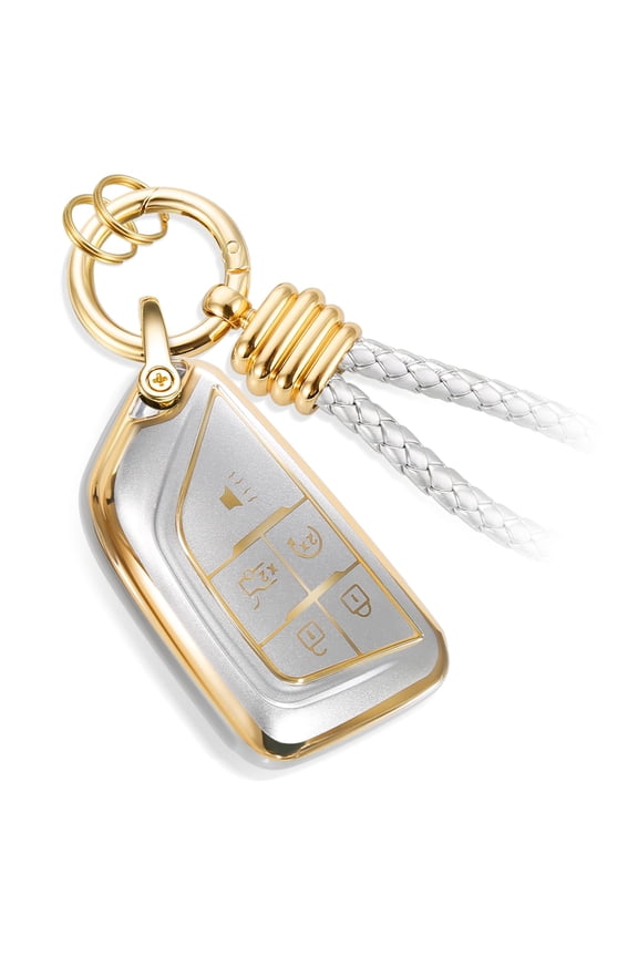 for Cadillac Key Fob Cover with Metal Braided Rope Keychain, Upgraded Soft Case for 2020-Up CT4 CT5 CT6 XTS XT4 XT5 ATS etc.(5 Buttons)
