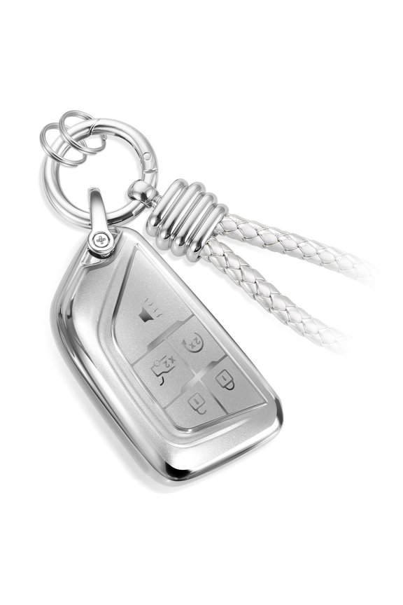 for Cadillac Key Fob Cover with Metal Braided Rope Keychain, Upgraded Soft Case for 2020-Up CT4 CT5 CT6 XTS XT4 XT5 ATS etc.(5 Buttons)