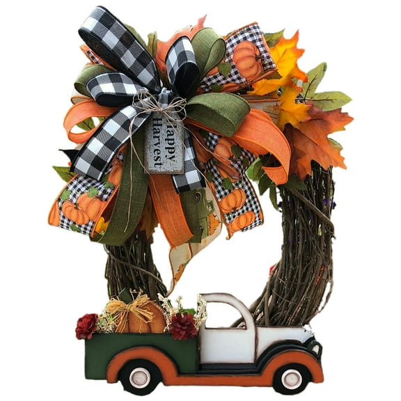 for Creative Halloween Pumpkin Truck Wreath Fall Harvest Maple Leaf Plaid Bowknot Hanging Garland Farmhouse Rustic Thanksgiving Front Door Decoration