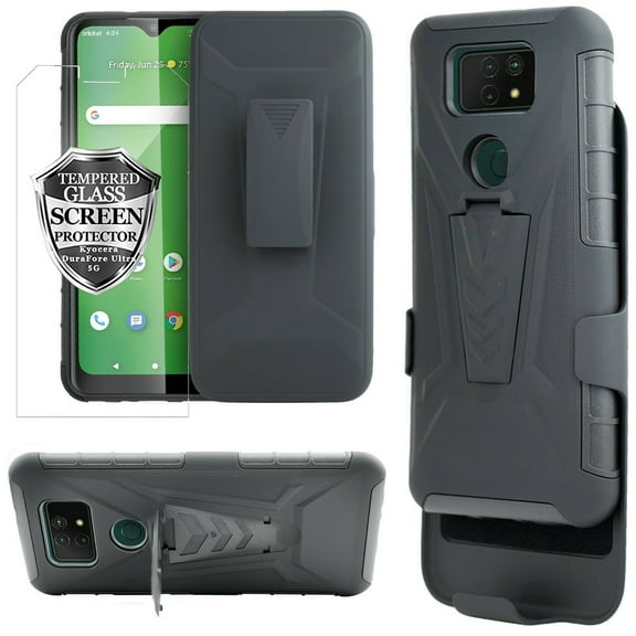 for Cricket Ovation 2 At&t Maestro Max (2021) with Tempered Glass Case Heavy Duty Shock Absorption Kickstand Case with Belt Swivel Clip Holster Cover
