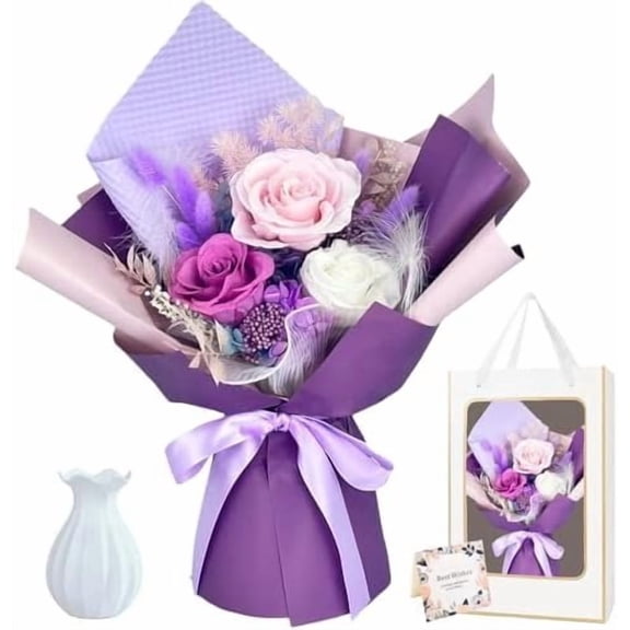 for Delivery - Preserved Purple Flower Bouquet, Forever with Box, Birthday, Mothers Day, Anniversary & Valentines Day Gifts for Women
