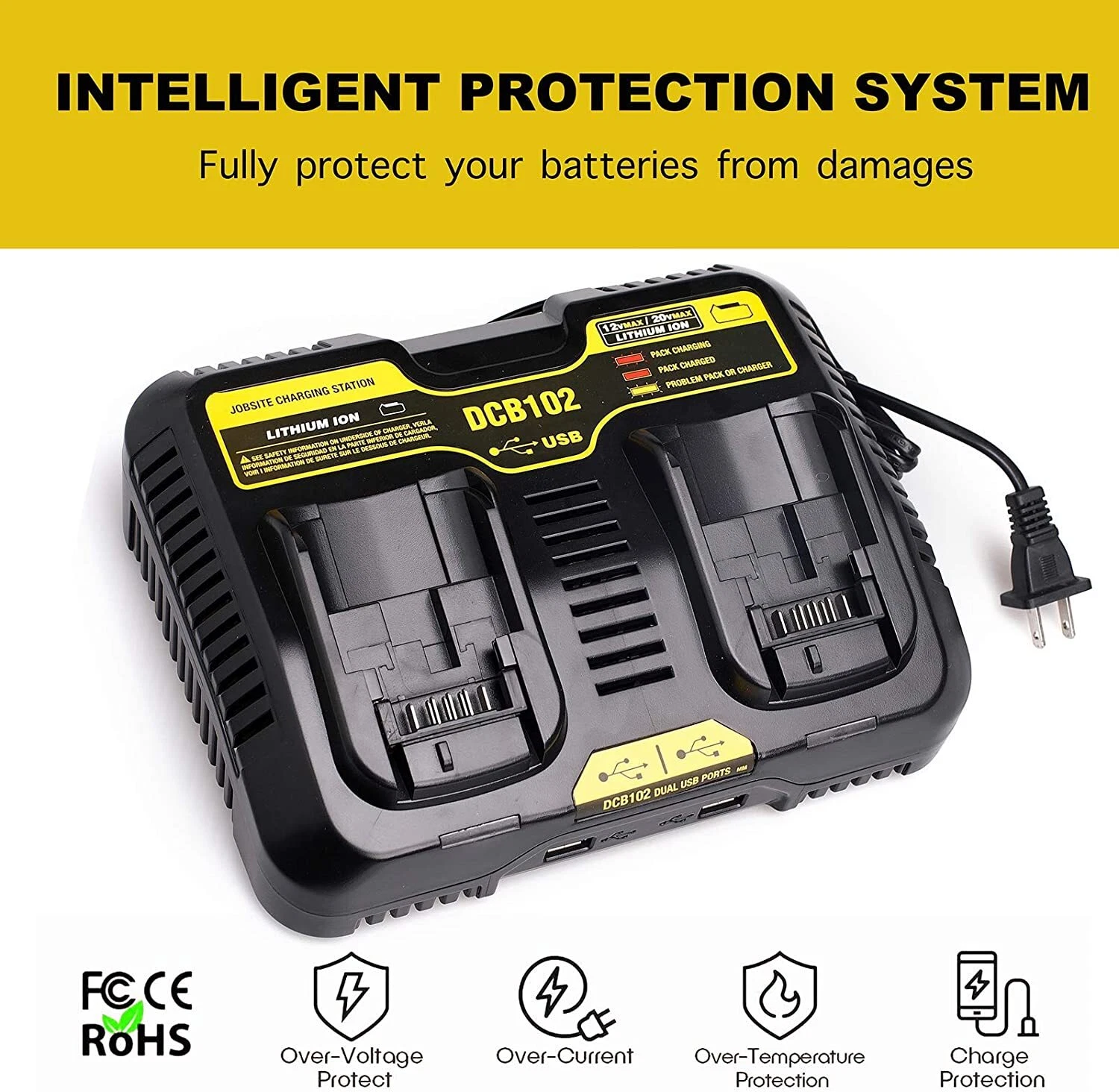 for Dewalt DCB102 20V Li-ion Battery Dual Charger Fast Charger with 2 USB Ports