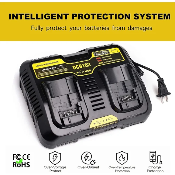 for Dewalt DCB102 20V Li-ion Battery Dual Charger Fast Charger with 2 USB Ports