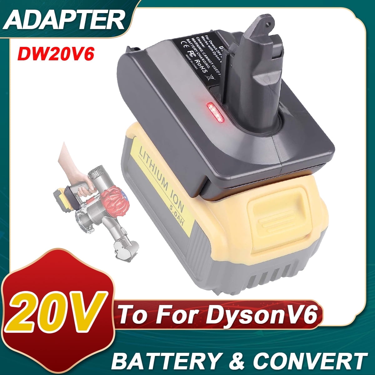 for Dyson V6 Battery Adapter for Dewalt 18V/20V Battery Convert to for Dyson V6 DC58 DC59 DC61 DC62 SV04 SV09 Vacuum Converter (DW20V6 Adapter only)