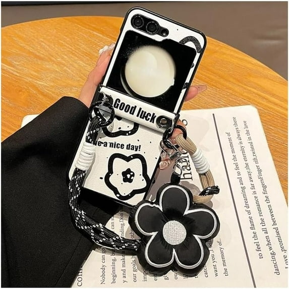 for Galaxy Z Flip 6 Cute Flower Design with Wristband Chain, Classical Folding PU Leather Slim Shockproof Cover Phone Cases (Black,Flip 5)
