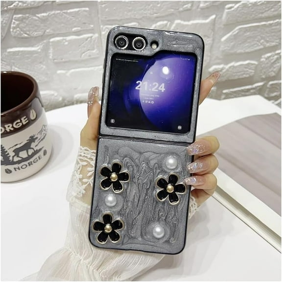 for Galaxy Z Flip 6 Girly Flower with Pearl Basic Case, Premium Back Design Cute Floral Glitter Sparkle Cover Shockproof for Women (Gray)