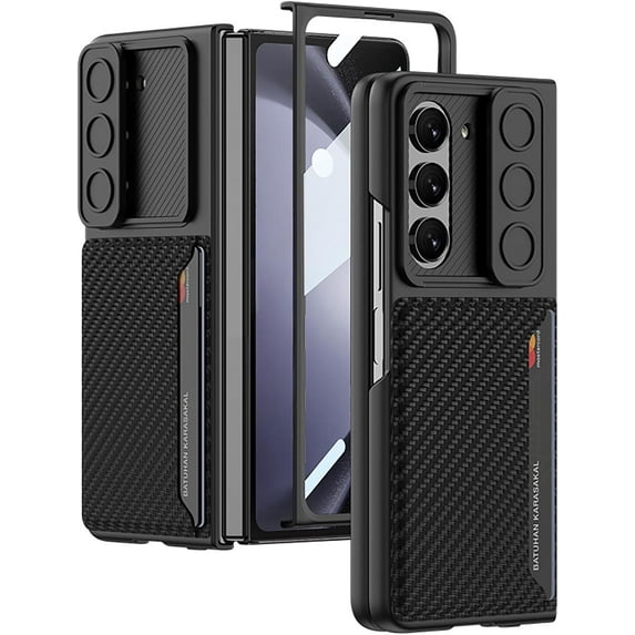 for Galaxy Z Fold 5 Case with Card Holder & Slide Camera Cover & Front Screen Protector - Slim Fit Phone Case for Samsung Z Fold 5 Case, Carbon Black