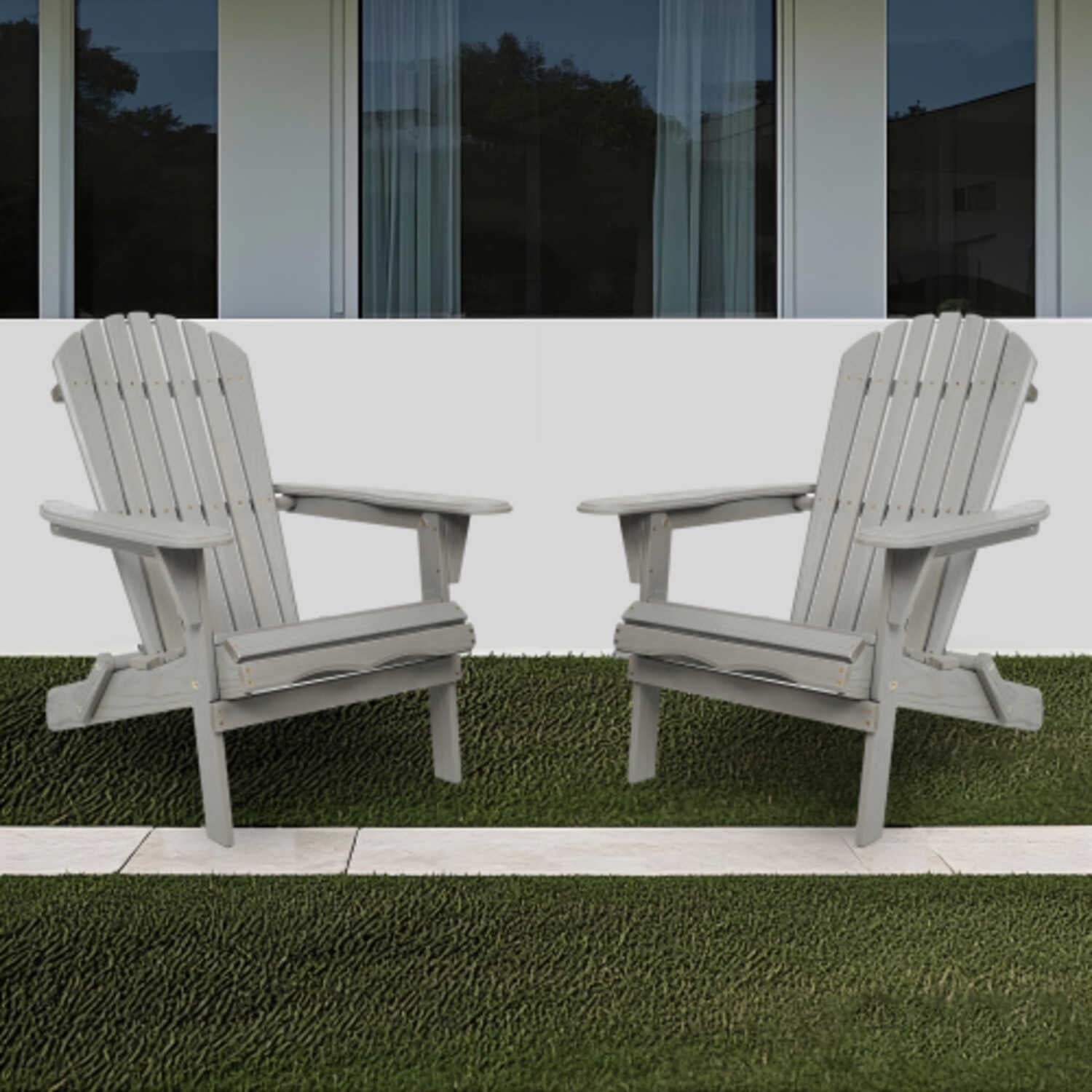 Solid Wood Folding Adirondack Chair Set of 2 with Embossed Grain for Patio & Garden