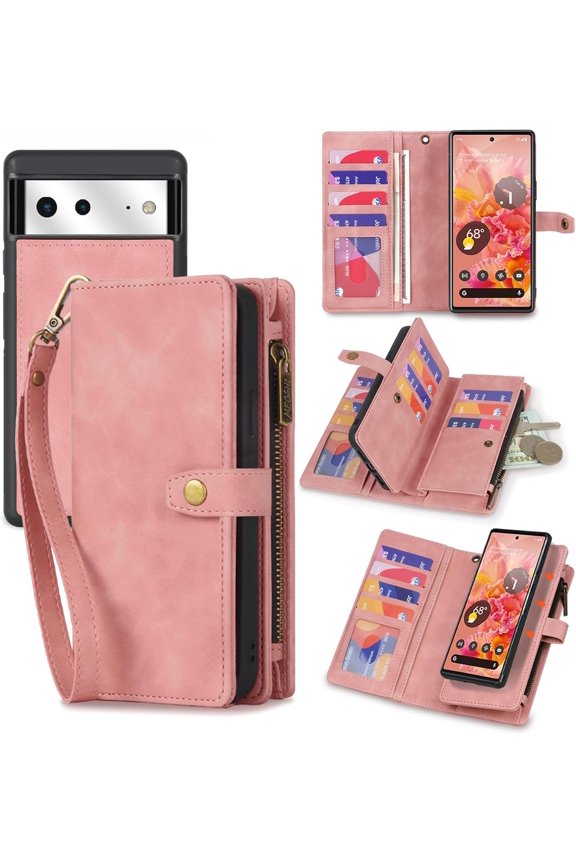 for Google Pixel 6 Case, Detachable Magnetic Wallet Case with Card Holder,Coin Pocket,PU Leather All-Round Shockproof Cover, 6.4in,Pink