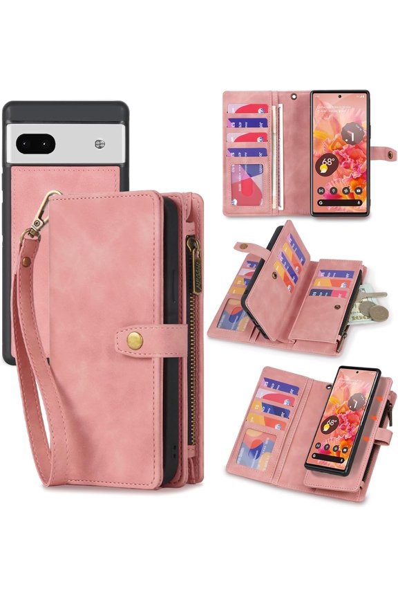 for Google Pixel 6a Case, Detachable Magnetic Wallet Case with Card Holder,Coin Pocket,PU Leather All-Round Shockproof Cover, 6.1in,Pink