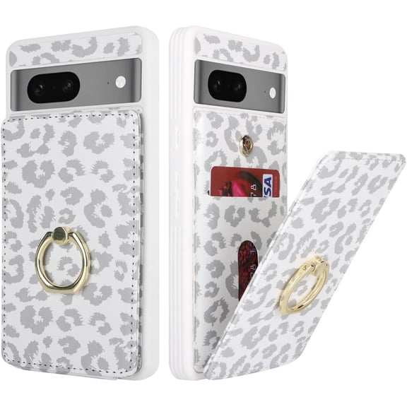 for Google Pixel 7 Case with Card Holder,Pixel 7 Case Wallet for Women,Credit Card Holder,Ring Stand,Cute Phone Wallet Cases 6.1"(White Leopard)