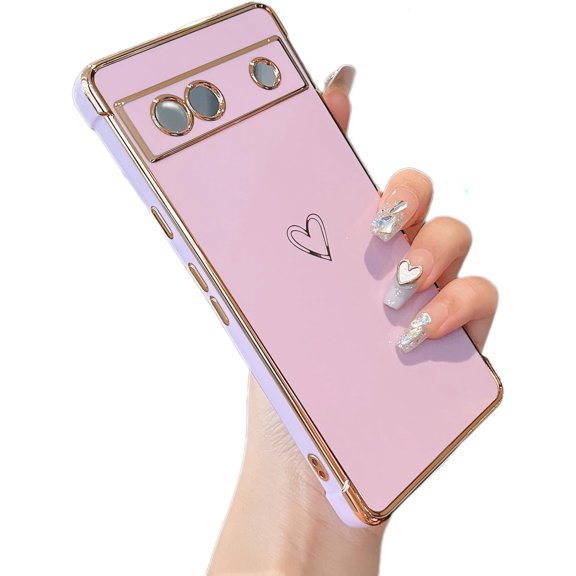 for Google Pixel 7a Case,Cute Plating Edge Love Hearts Pattern with Camera Lens Protection Phone Cover for Google Pixel 7a 6.1 inch,Purple