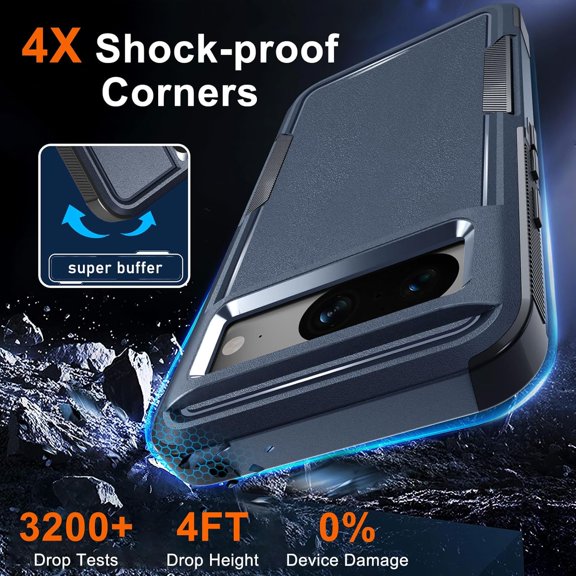 for Google Pixel 8 Case, Full Body Heavy Duty Rugged Shockproof Protective Phone Cover with Wrist Lanyard Strap,  Navy Blue