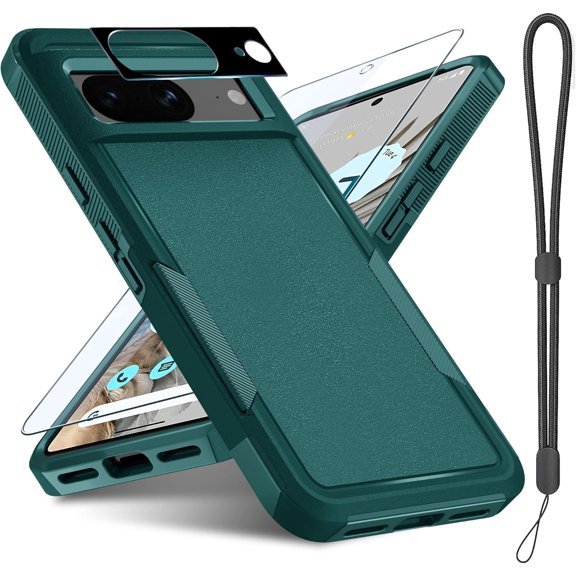 for Google Pixel 8 Case with Screen Protector+Camera Lens Protector+Wrist Strap Lanyard,Heavy Duty Shockproof Full Body Phone Cover,2023 Dark Green