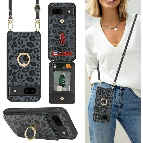 for Google Pixel 8A Case with Card Holder and Strap for Women,Crossbody Lanyard,Ring Stand,Snap Clasp,Cute Phone Wallet Cases 6.1 inch(Black Leopard)