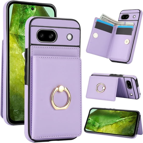 for Google Pixel 8A Wallet Case, Leather Case with Credit Card Holder and 360° Rotation Ring Stand, RFID Block Flip Leather Shockproof Cover
