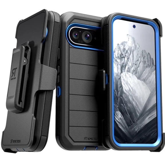 for Google Pixel 9 (2024) Case with Belt Clip Holster & Kickstand, Screenless Protective Dual-Layer Shockproof Phone Case for Pixel 9 - Black & Blue