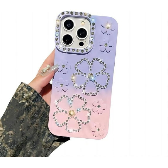 for IPhone Case,Luxury Glitter Sparkle Sparkly Bling Rhinostone Flower Gradient Pattern Soft Shockproof Phone Case (Purple,iPhone 15 Pro)
