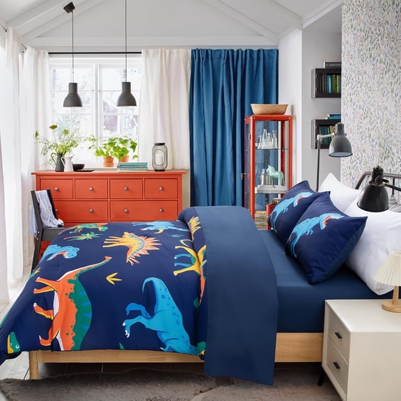 - for Kids Boys Dinosaurs Printed on Navy Blue Bedding Set,5Pcs Bed in A Bag Full Size Comforter Set, Ultra Soft with Pillowcase (Blue)