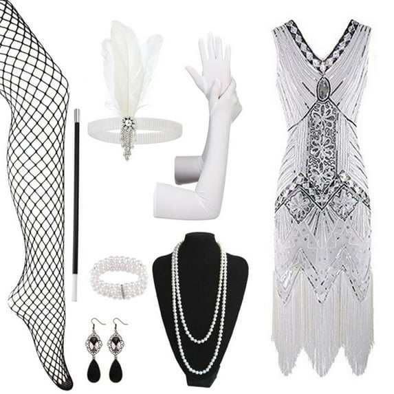 for Kids Women's 1920s Flapper Dress Vintage Lace Fringed Dress with 20s Accessories Set White, S