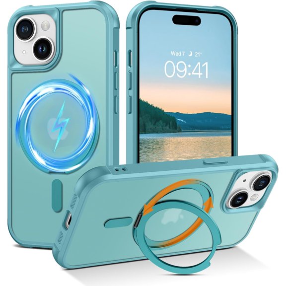 for Magnetic for iPhone 15 Case, Magsafe Compatible, 360 Rotatable Stand, Translucent Matte, Soft TPU Bumper, Military Grade, Lake Blue