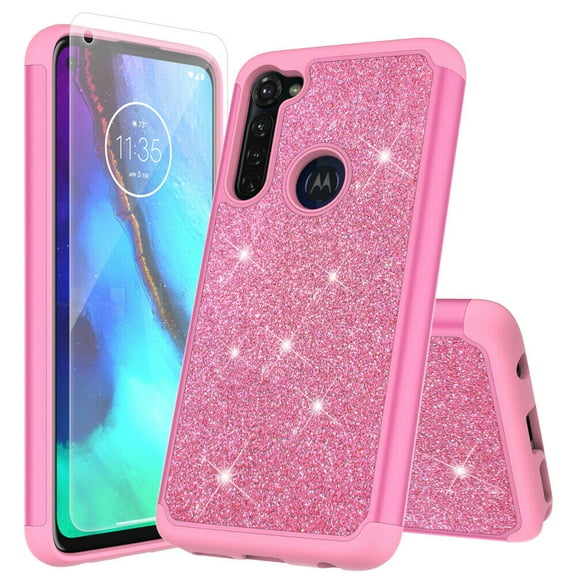 for Moto G Power XT2041 with Tempered Glass Phone Case Glitter Shock proof Edge Scratch Shield Hybrid Layers Slim Bumper Cover (Pink)