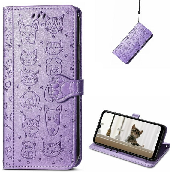 for Motorola G42 Wallet Case, Cat Dog Cartoon Cute Style with ID Card Holder PU Leather Flip Phone Cover Case for Moto G42 Purple