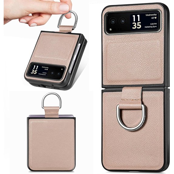 for Motorola Razr 40 Case, PU Leather Protective Cover with Ring Flip Phone Case Motorola Razr 40 ZH Beige