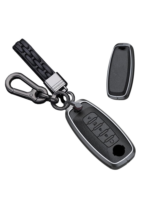 Premium Metal Key Fob Shell Case for Nissan Pathfinder and Rogue | 5-Button Protective Cover with Leather Keychain Holder