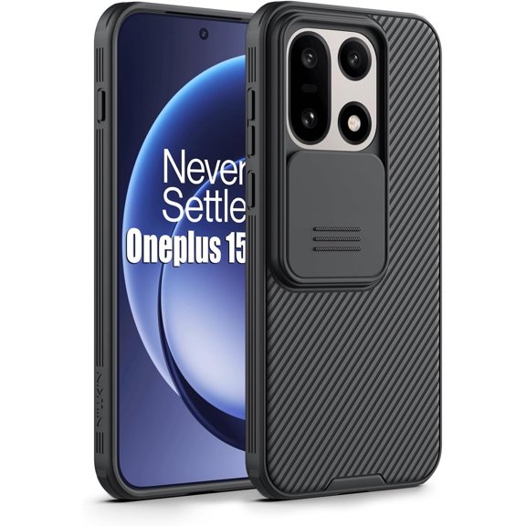for OnePlus 15 Case | Slide Camera Cover Full Protection Shockproof Protective Thin Slim Fit Lens Protector Black