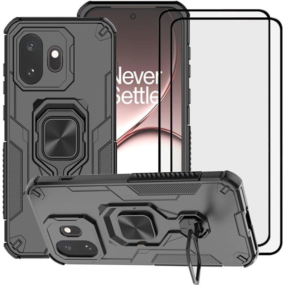 for OnePlus 15T Case, Heavy Duty Shockproof Defender w/Kickstand & Tempered Glass Screen Protector, Dual Layer Armor Black