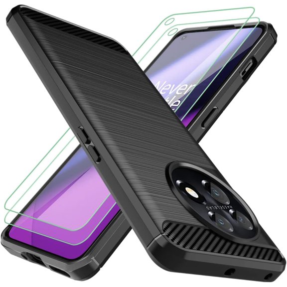 for Oneplus 11 Case: Oneplus 11 Phone Case with 2pcs Screen Protector Shock-Absorption Flexible TPU Rubber Protective Cover for Oneplus 11 5G(Black)
