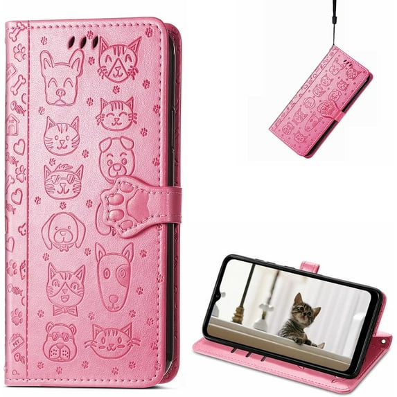 for Oppo A17 PU Leather Flip Wallet Case, Cute Cat Dog Cartoon Style with Card Slots Holder Phone Cover Case for Oppo A17 MG Pink