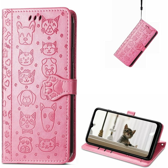 for Oppo A77 5G Wallet Case, Cat Dog Cartoon Cute Style with ID Card Holder PU Leather Flip Phone Cover Case for Oppo A77 5G MG Pink