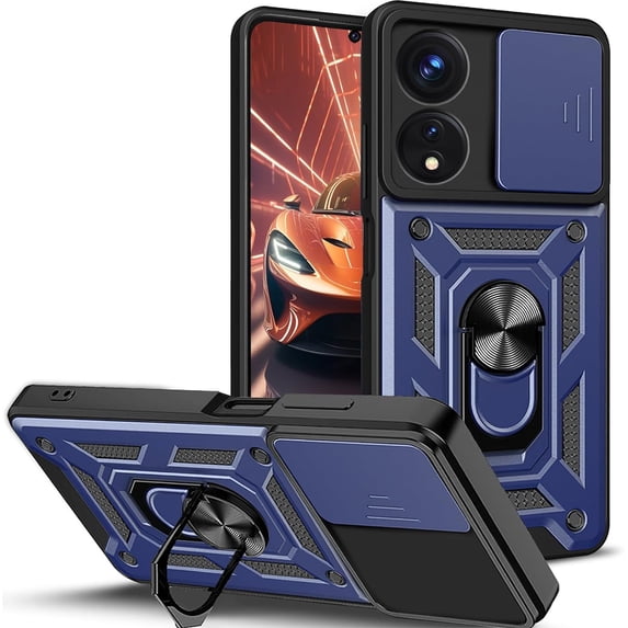 for Oppo A78 4G Case with Slide Camera Cover for Men, Military Grade Drop Phone Cover Case with Rotate Ring Kickstand for Oppo A78 4G SJ Blue