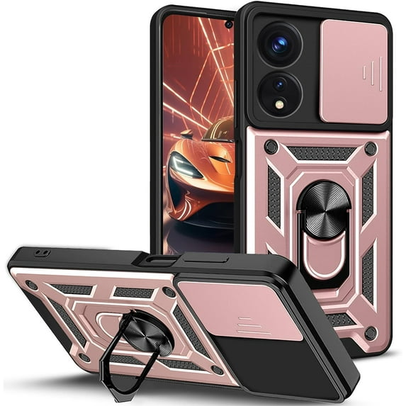 for Oppo A78 4G Case with Slide Camera Cover for Men, Military Grade Drop Phone Cover Case with Rotate Ring Kickstand for Oppo A78 4G SJ Rose Gold
