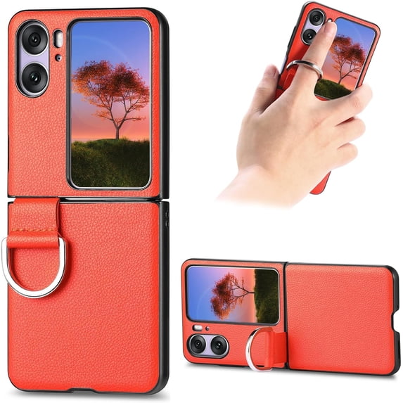 for Oppo Find N2 Flip Case with Ring, Slim PU Leather Protective Cover Phone Case Oppo Find N2 Flip ZH Orange