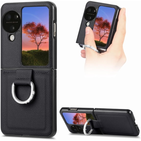 for Oppo Find N3 Flip Case with Ring, Slim PU Leather Protective Cover Phone Case Oppo Find N3 Flip ZH Black