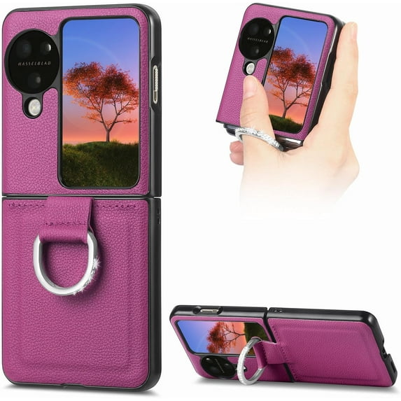 for Oppo Find N3 Flip Case with Ring, Slim PU Leather Protective Cover Phone Case Oppo Find N3 Flip ZH Purple
