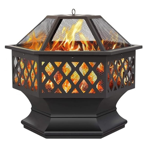 for Outside 24in Hex Shaped Firepit Bowl with Screen & for Patio Backyard Garden Picnic Camping