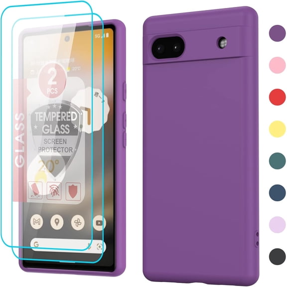 for Pixel 6A Liquid Silicone Case & [2 Pack] Tempered Glass Protectors, Soft Microfiber Liner, Red Purple