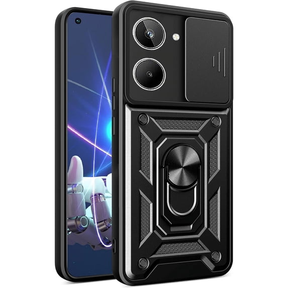 for Realme 10 4G Case with Slide Camera Cover, Military Grade Drop Protective Phone Cover Case with Ring Kickstand for Realme 10 4G SJ Black