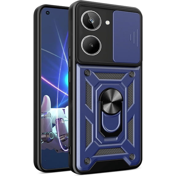 for Realme 10 4G Case with Slide Camera Cover, Military Grade Drop Protective Phone Cover Case with Ring Kickstand for Realme 10 4G SJ Blue