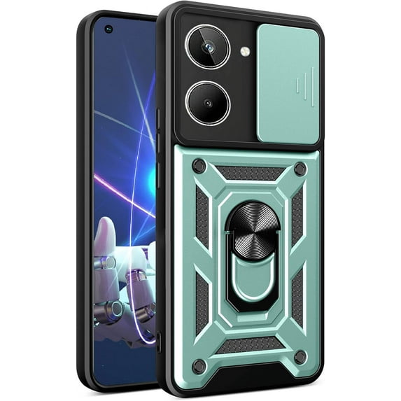 for Realme 10 4G Case with Slide Camera Cover, Military Grade Drop Protective Phone Cover Case with Ring Kickstand for Realme 10 4G SJ Green