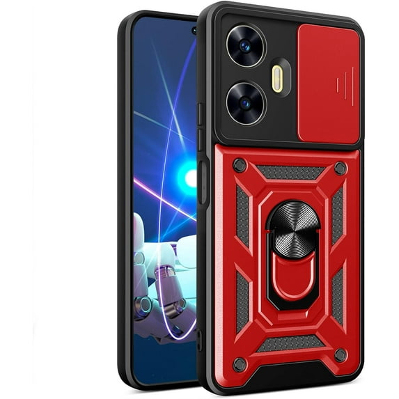 for Realme C55 4G Case with Slide Camera Cover for Men, Military Grade Drop Protective Phone Cover Case with Ring Kickstand for Realme C55 4G SJ Red