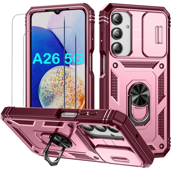 for Samsung A26 Case,With Slide Camera Cover,2X Screen Protector,Metal Kickstand Holder Heavy Duty Shockproof Phone Cover For Galaxy A26 6.7" (Pink)