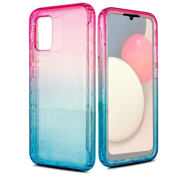 for Samsung Galaxy A02S Glitter Bling Full Body Built In Screen Protector Case Phone Case PU Shock Bumper Scratch Guard Skin Wrap Slim Cover