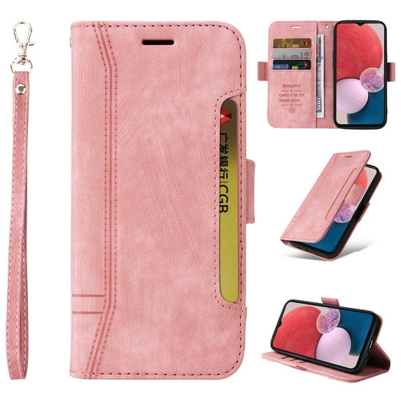 for Samsung Galaxy A04e Wallet Case,PU Leather Magnetic Flip Strap Wrist Phone Cover with RFID Block Card Holder for Samsung Galaxy A04e,Pink